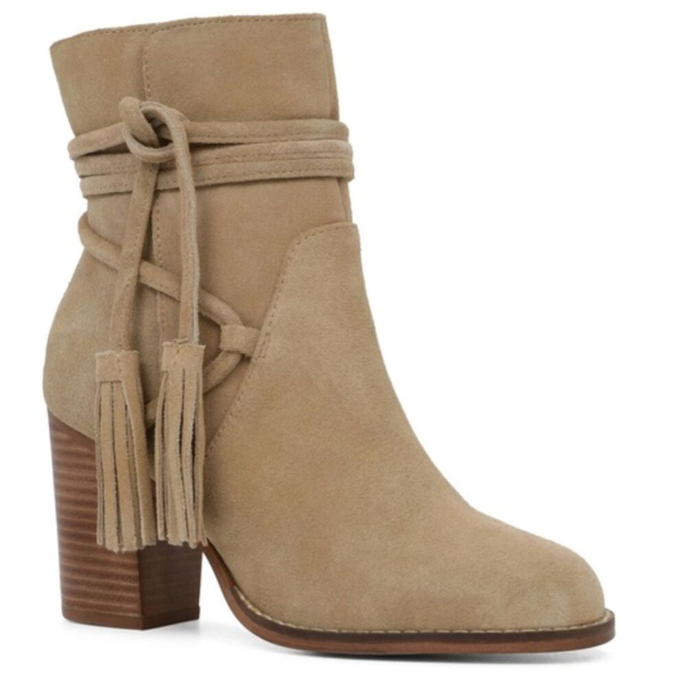 Aldo Womens Tassel Block Heel Suede Boots Ankle Bootie Size 10 Tan Heeled